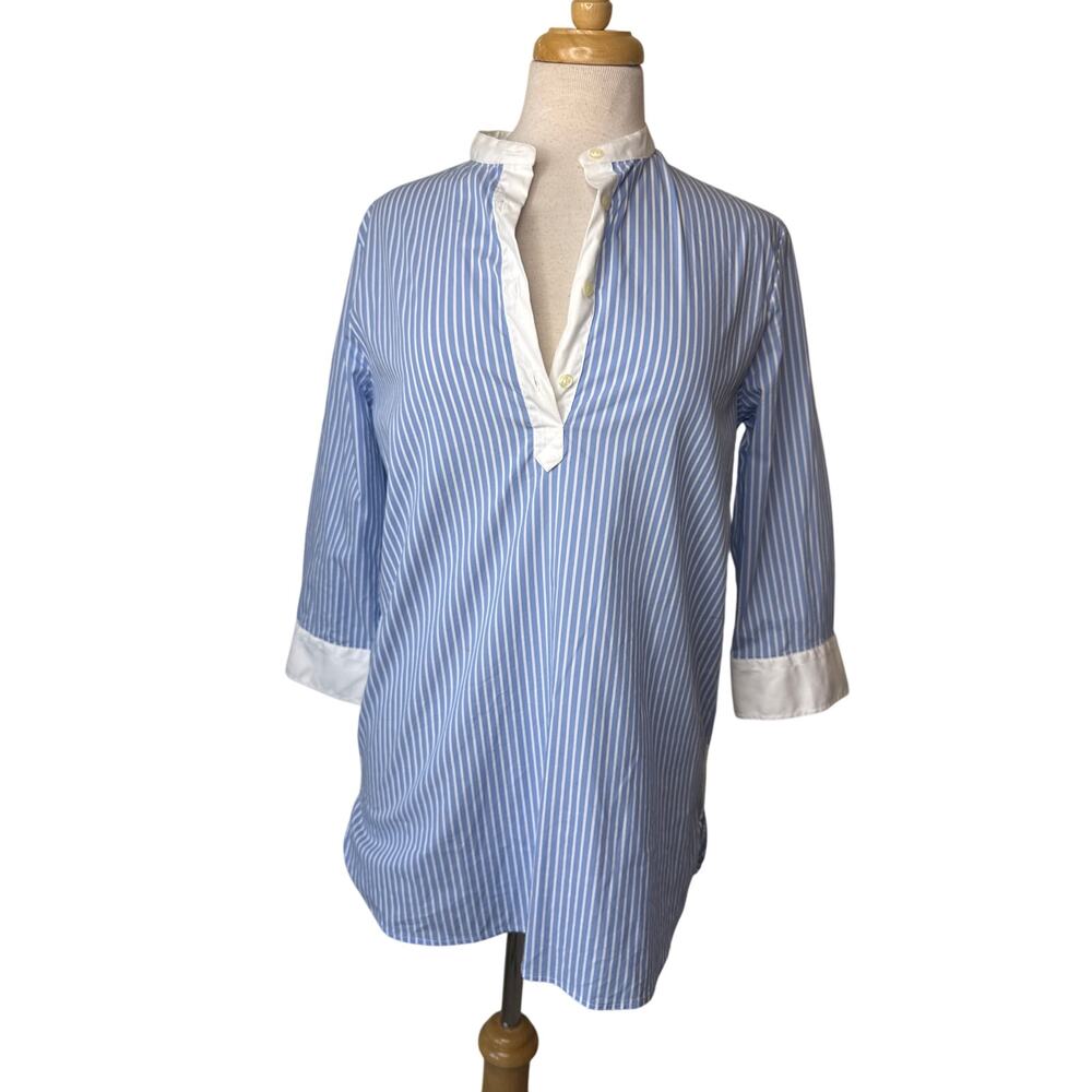 TUCKERNUCK The Shirt by Rochelle Behrens Blue White Striped 3/4 Sleeve Blouse M
